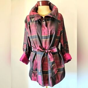 PULI Purple And Black Plaid Lightweight Belted Jacket. Size 14